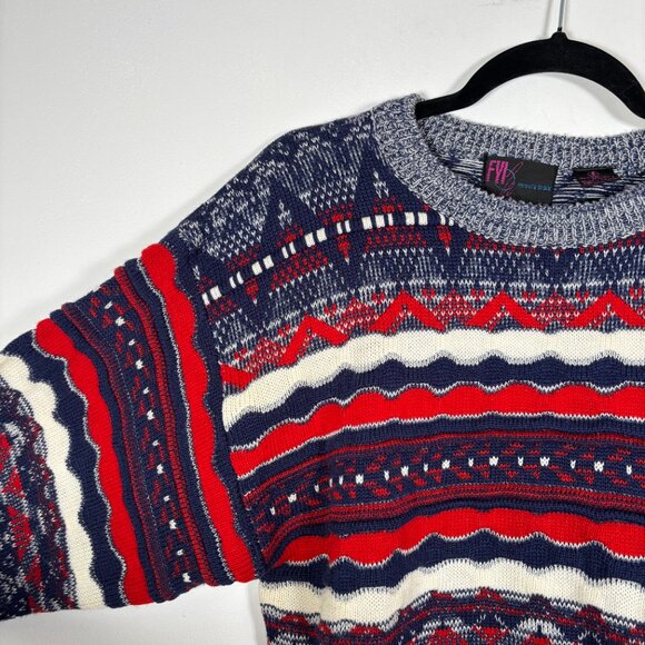 Vintage Knit Sweater Crewneck Blue Red Eclectic Grandpa Slouchy Grunge Medium - Picture 4 of 7